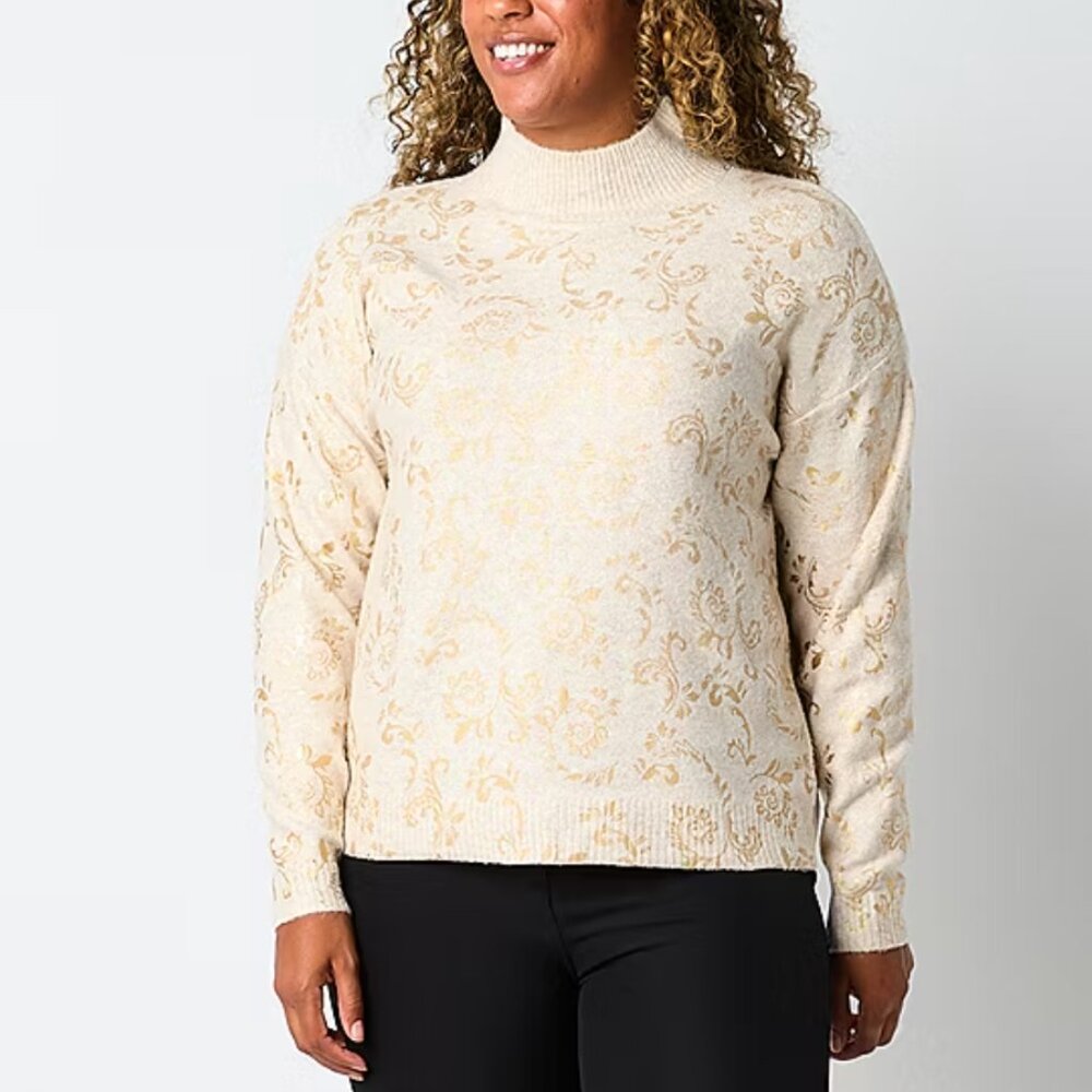 Liz Claiborne Women's Plus Cream Gold Mock Neck Long Sleeve Pullover Sweater, 2X